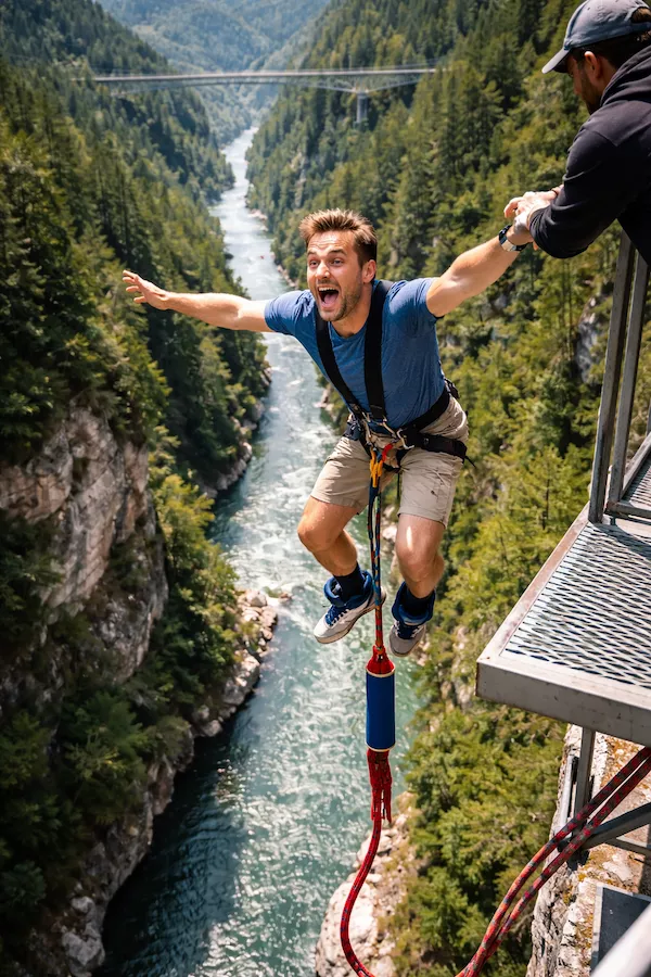 Person som utför bungyjump från hög plattform – säkerhetssele, spänning och glädje i dramatisk naturmiljö med djup dal och brusande flod.